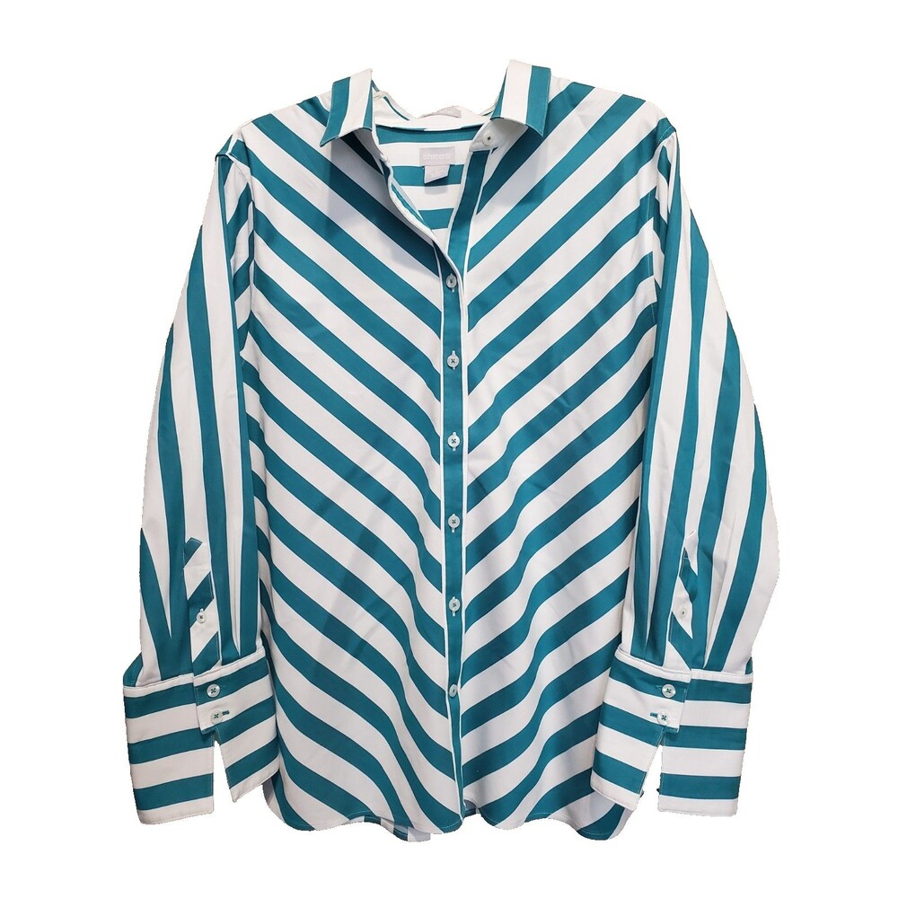 Chico's No-Iron Chic Stretch White with Green Stripes Button-Up Tunic Size 4 XXL